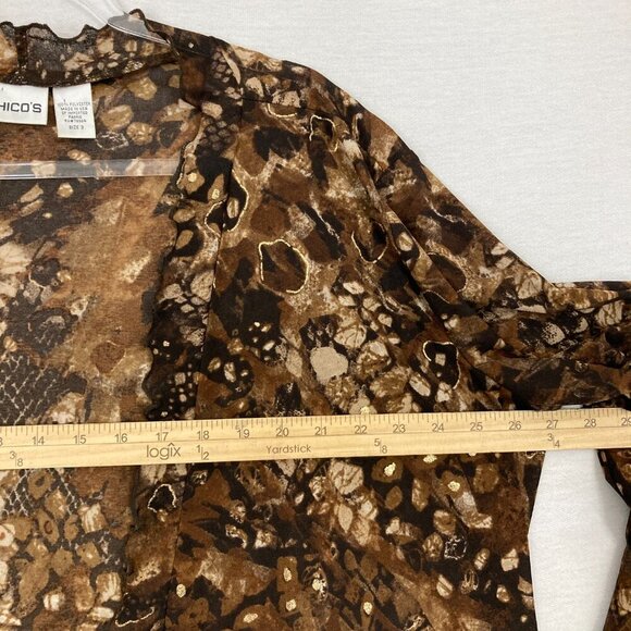 Chico's Brown Black Open Front Draped Lettuce Hem Stretch Cardigan XL/3 Preppy - Picture 6 of 9